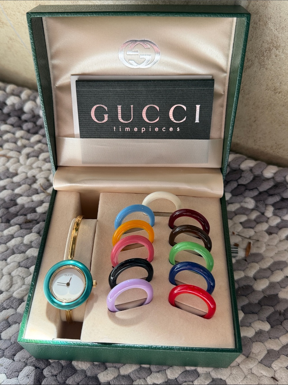 Gucci Women’s Gold Bracelet Watch with Turquoise Dial and Multicolor Bezels - Picture 2 of 8